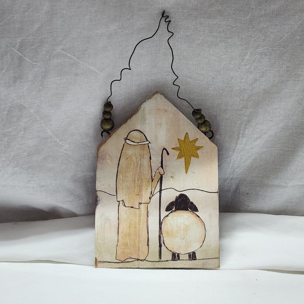 Kellie Montana Hand painted wooden Christmas Ornament Shepard and sheep b37